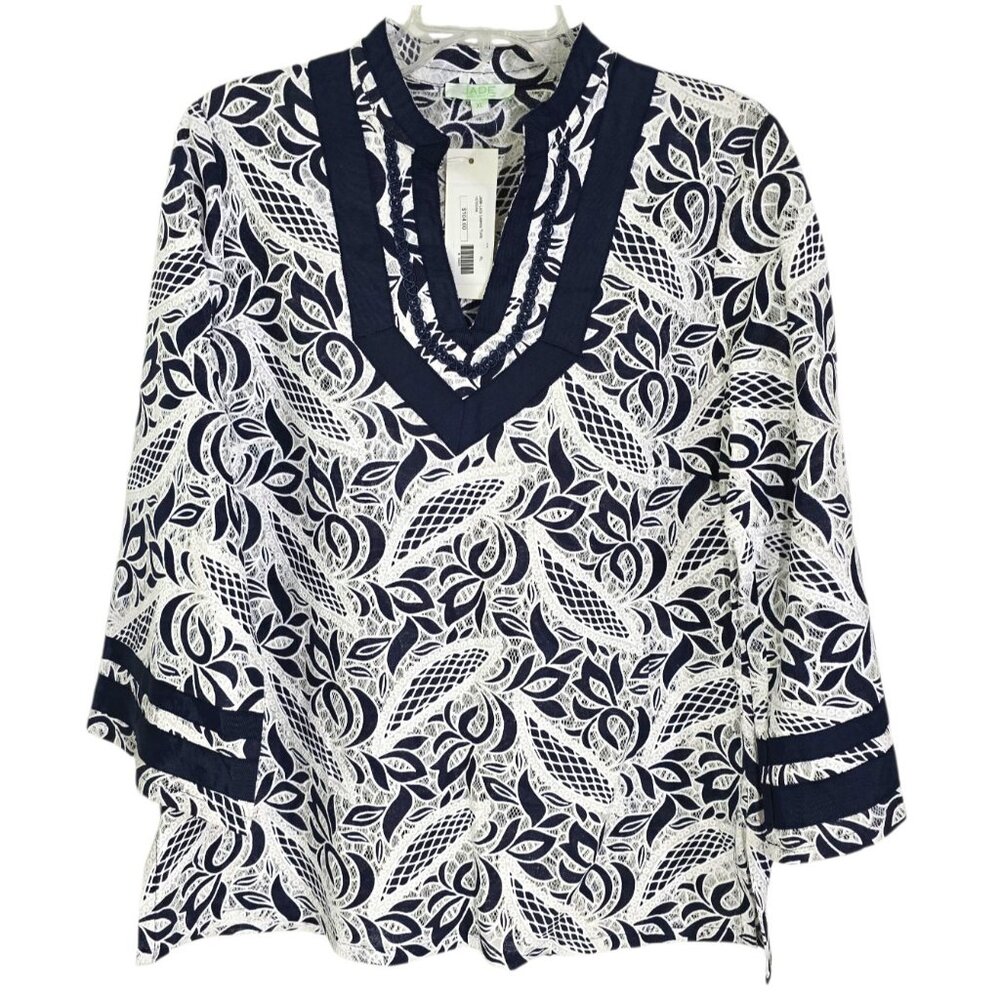 Jade Womens Blue Lacy Leaves Tunic Blouse 3/4 Sleeve Split Neck Size XL‎ NWT
